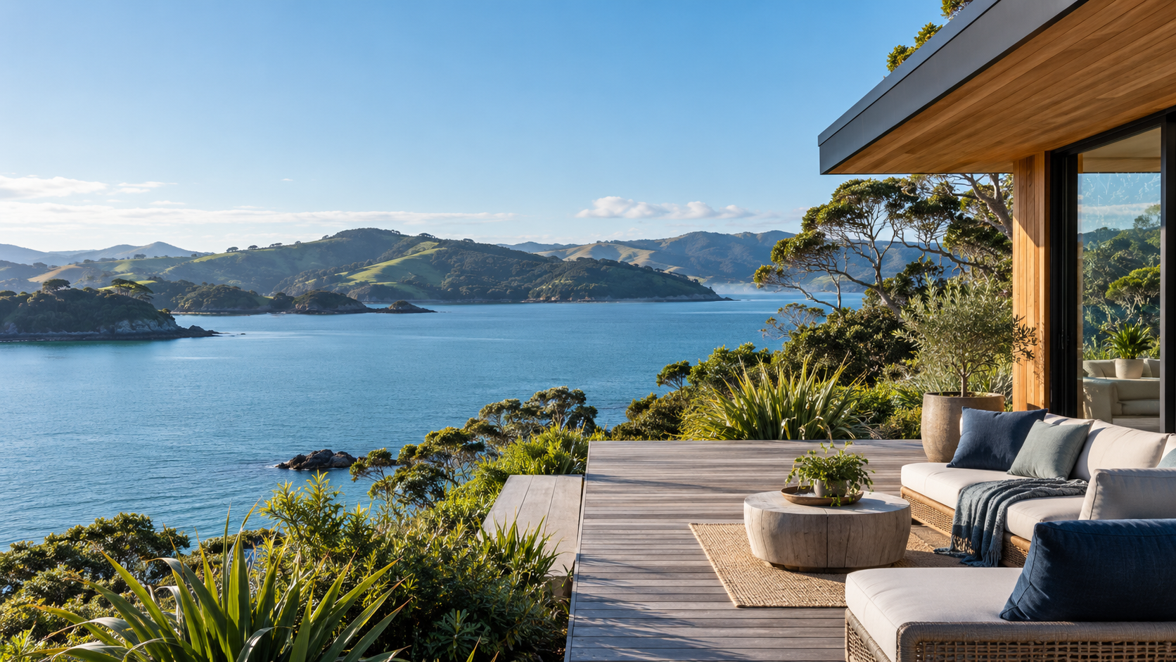 Holiday-home terrace overlooking a New Zealand harbour